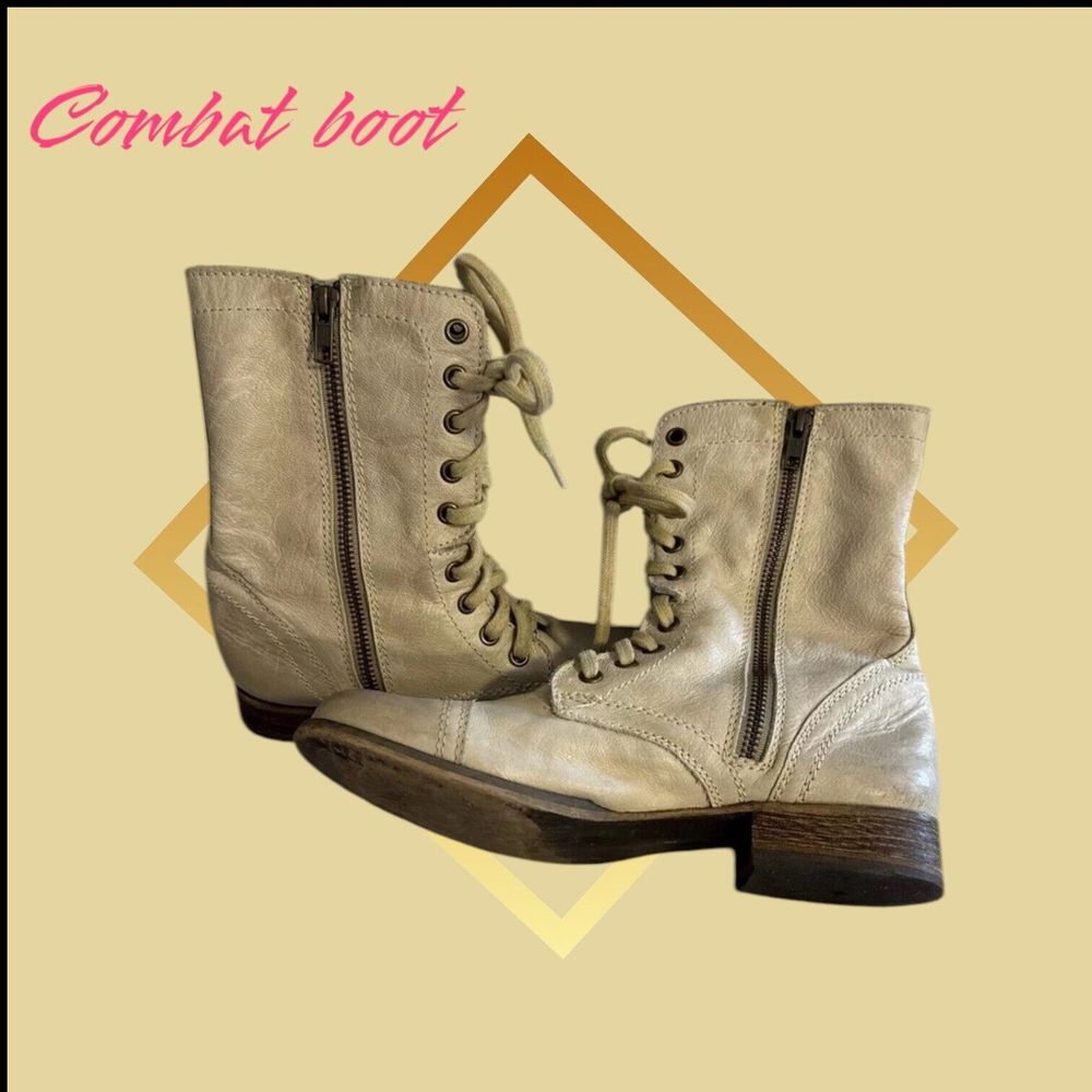 🔥Steve Madden🤑 WomensTroopa Boot Size 8Combat Ivory LeatherBoho Biker Lace Up